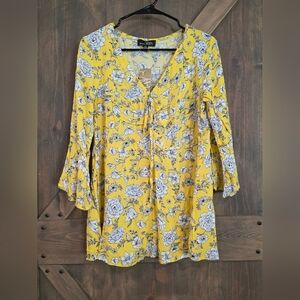 Suzanne Betro Bell Sleeve Rouched Front Flare Tunic Size Large